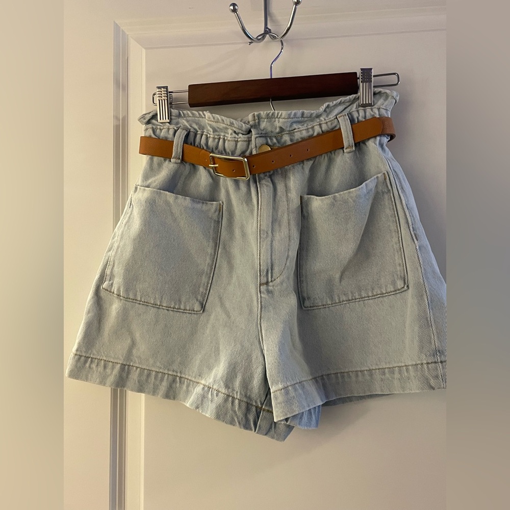 Zara Light Blue High Waist Shorts with Tan Belt Size 6 #16